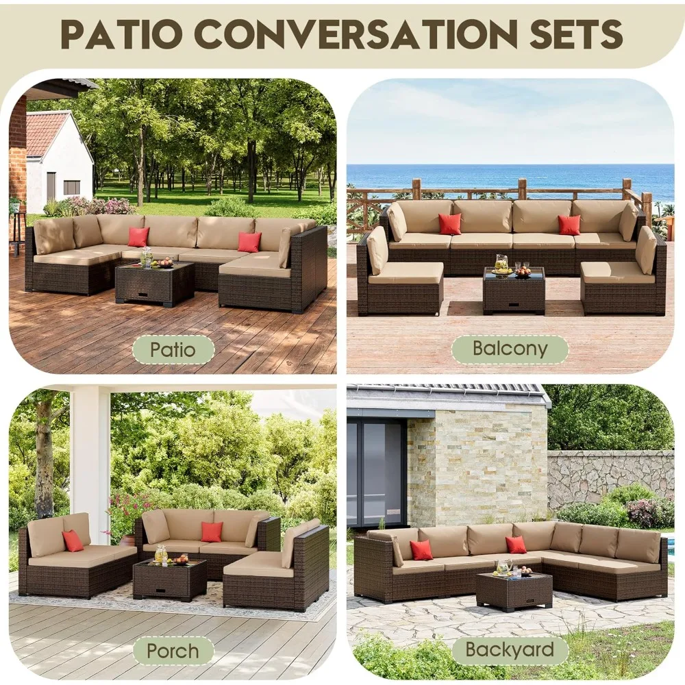 مجموعة أثاث الفناء الخارجي المكونة من 7 قطع، مجموعة أثاث الفناء المنسوج يدويًا من الخيزران أريكة مقسمة للفناء الخارجي