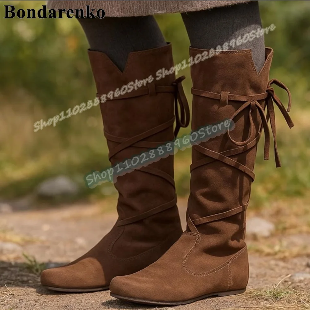 

Mid Calf Brown Flock Lace Up Boots Flats Shoes For Women Slip On Round Toe Occidental Style Casual Fashion Zapatos Para Mujer