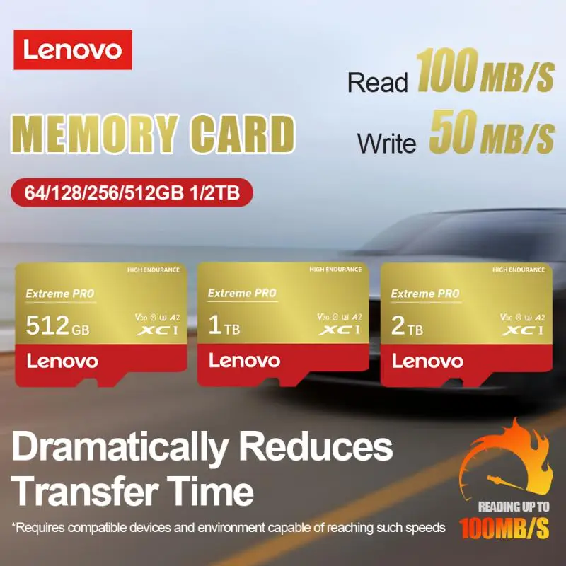 Cartão de memória de alta capacidade Lenovo, Cartão SD de armazenamento móvel, U3, A1, 128GB, Micro TF, SD Card Reader Gifts, 2TB, 1TB, 512GB, 256GB