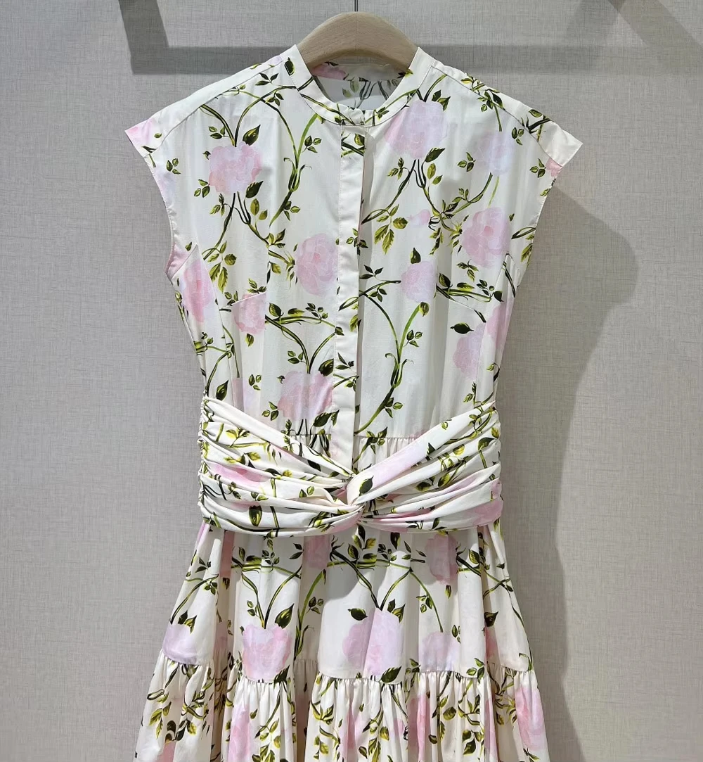 

Designer Brand 100% cotton floral printed 2025 new spring summer women long dresses folds waist a-line dress holiday
