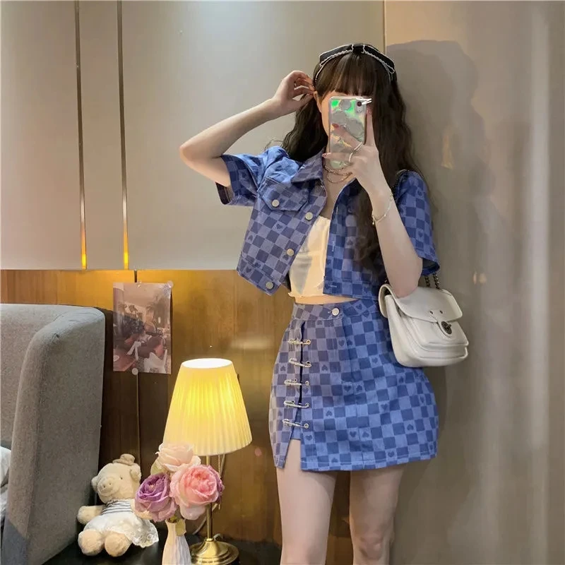 Summer Sexy Plaid Skirt Suit Women 2 Piece Set Korean Style Short Sleeve Cropped Jacket And Design Pin A-Line Mini Skirt Outfits