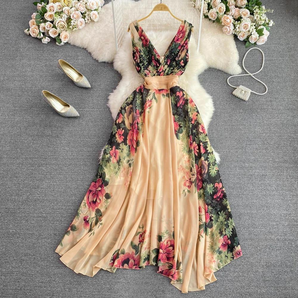 Vestido largo Midi con estampado Floral para mujer, ropa de gasa sin mangas para verano