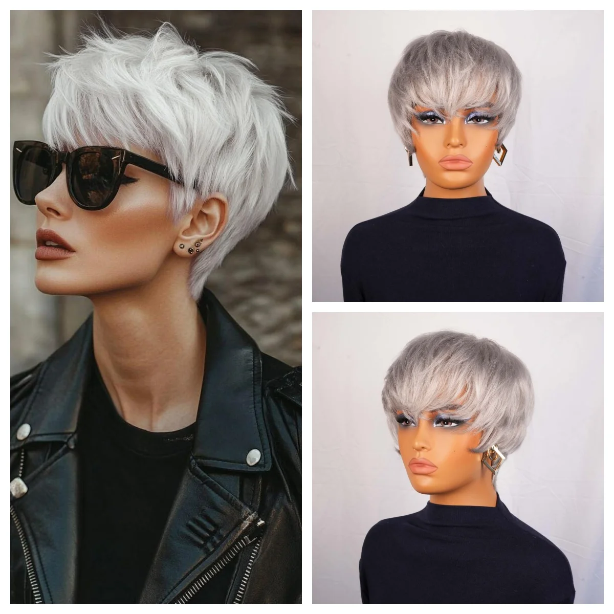 짧은 인모 가발 앞머리 포함 은회색 스트레이트 픽시컷 가발 여성용 레미 인모 기계 제작 가발 일상용