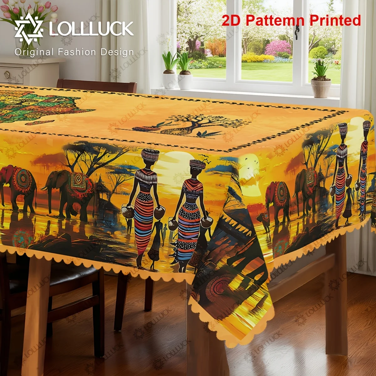 One piece, an African tribe-themed tablecloth with a vintage elephant sunset natural landscape print designzyc