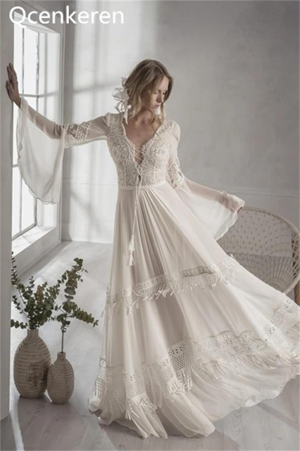 Qcenkeren abiti da sposa scollo A V manica lunga intera una linea abiti da sposa donna israele Boho vestido de novia bohemio