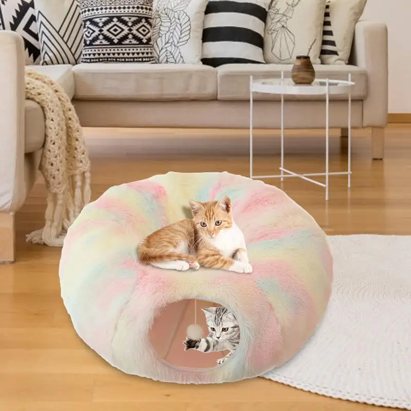 

Cat Beds For Indoor Cats Tunnel Plush Cat Cave Donut Cat Beds Soft Washable Cat Couch Warm Detachable Pet Supplies For Kitten &