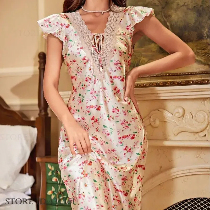 

Sexy Deep V-Neck Nightdress Sleepwear Print Flower Long Nightgown Spring Summer New Nightwear French Court Style Home Clothes