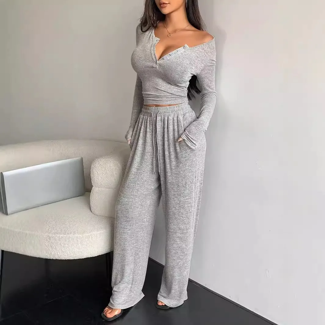 Womens Matching Sets Long Sleeve Solid Color Crop Top Button Front Off Shoulder Cropped Blouse with Relaxed Fit Pants Black