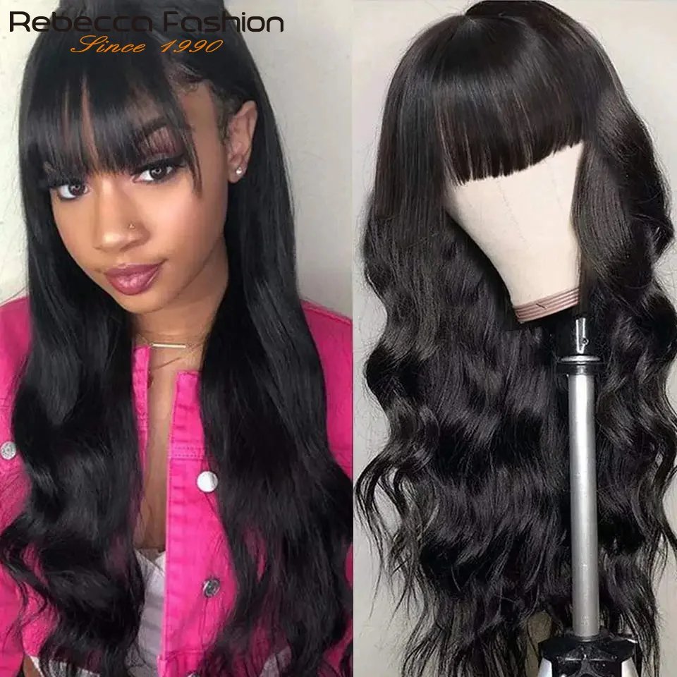 

180D 22inch Body Wave Human Hair Wigs With Bangs Middle Part Lace Wig For Women Remy Body Wave Bangs Wigs Natural Color #99J