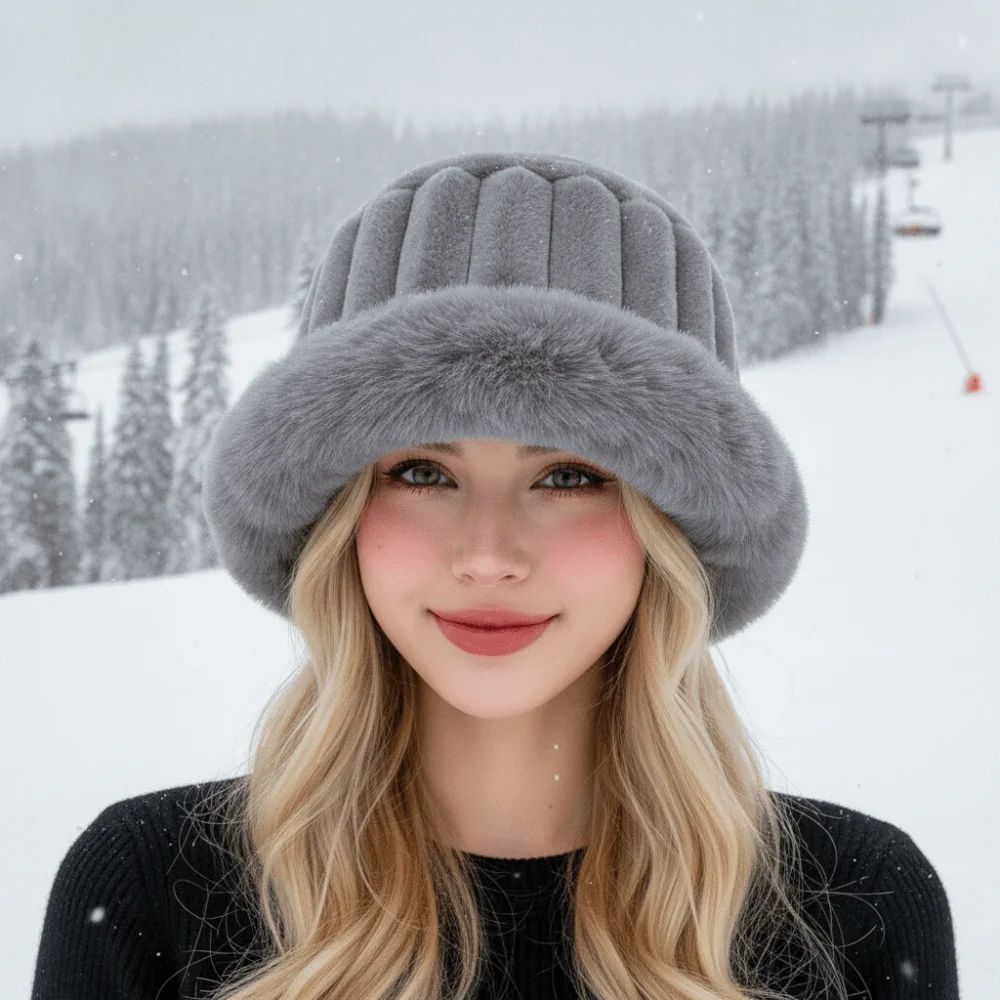 Vertical Texture Striped Fur Hat Fleece Lining Faux Fur Brim Plush Trapper Hats Thermal Insulation Solid Color Puffy Bucket Cap