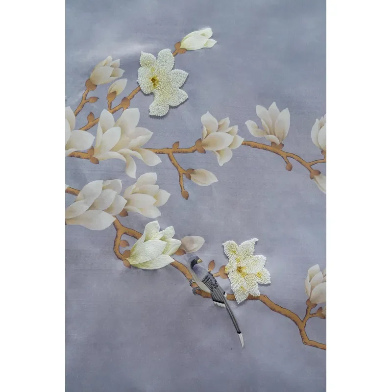 Custom Hand-Embroidered Beaded Wallpaper - Floral Bird Design, Home Decor