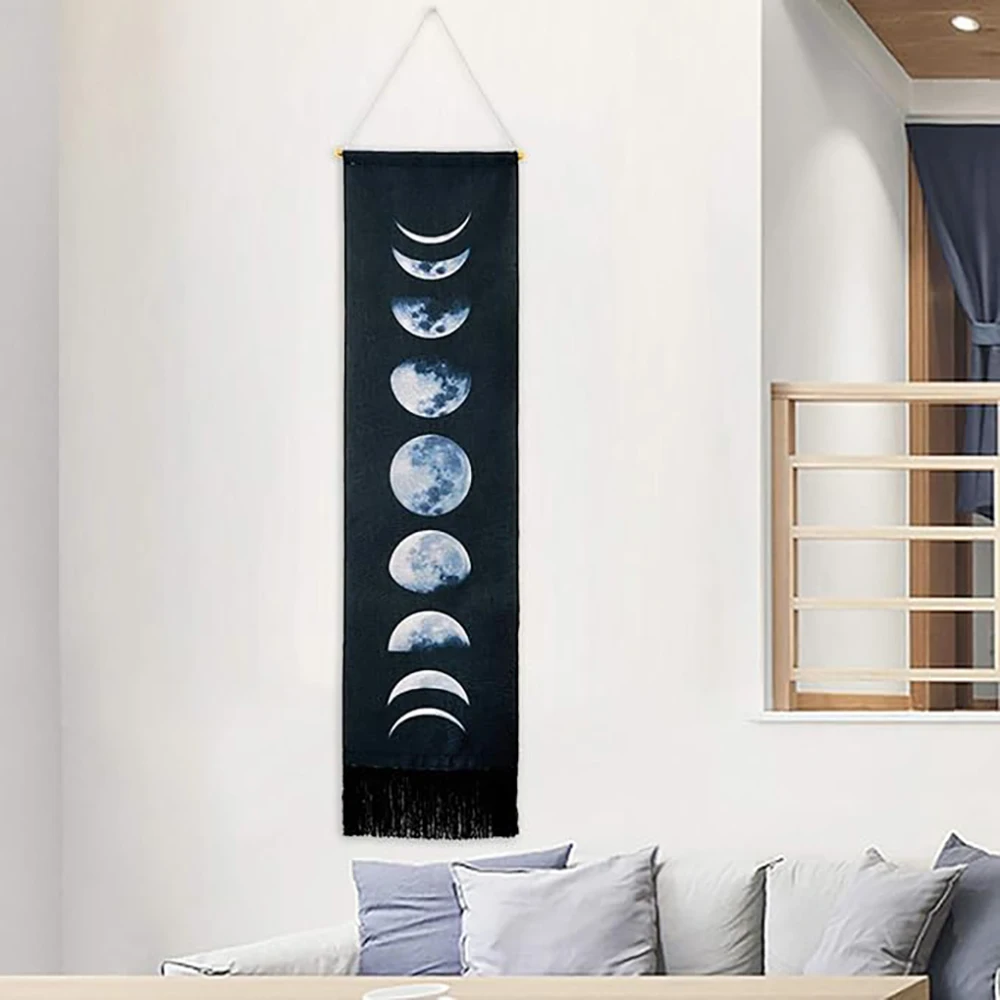 Moon Phase Tapestry Moon Tapestry Wall Hanging Art Bohemian Tapestries White Tapestry for Room (White, 12.8 X 51.2 Inches)