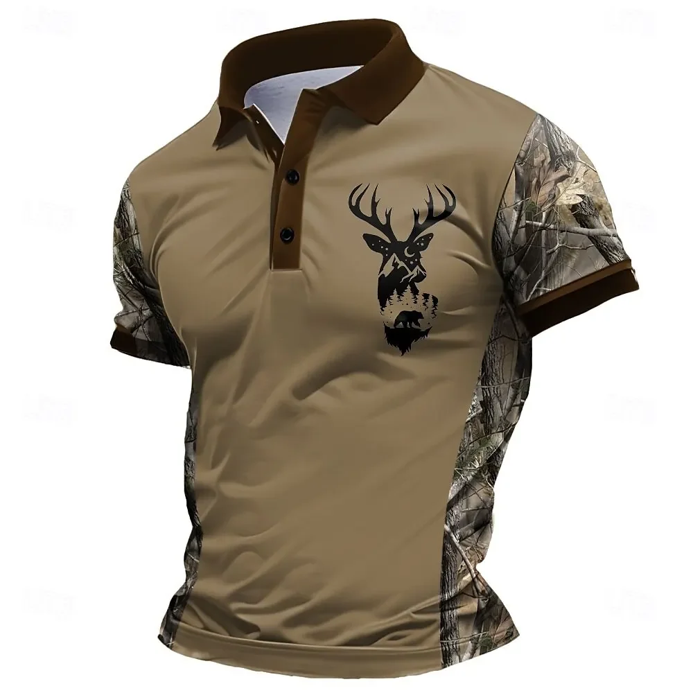 Fall Retro 3D Mulu Deer Pattern Short Sleeve 21st Century Style Short-Sleeved Sweatshirt Fashion Standing Collar Loose Men's Shi