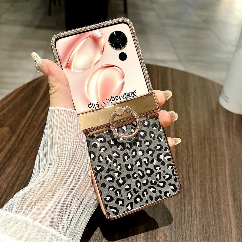 

Case For Honor Magic V Flip Luxury Electroplated Protective with Leopard Print Ring Holder Shockproof Anti-Fingerprint Cover