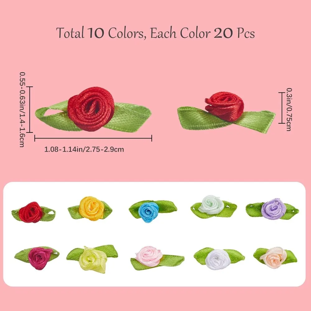 200Pcs 10 colors Mini Ribbon Roses for Crafts Artificial Fabric Flowers with Green Leaves Rosettes Small Flower Satin making kit