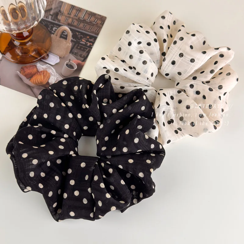 Hair Scrunchie French Black White Polka Dot Chiffon Lightweight Textured Fabric Hair Tie Women Daily Commute Elegant Soft