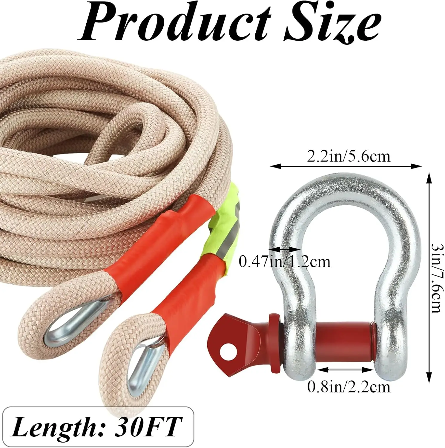 حزام سحب عالي التحمل مقاس 1 × 30 قدمًا مع حلقات وحلقات على شكل حرف D للشاحنات وسيارات الدفع الرباعي ومركبات ATV - سعة 22000 رطلًا
