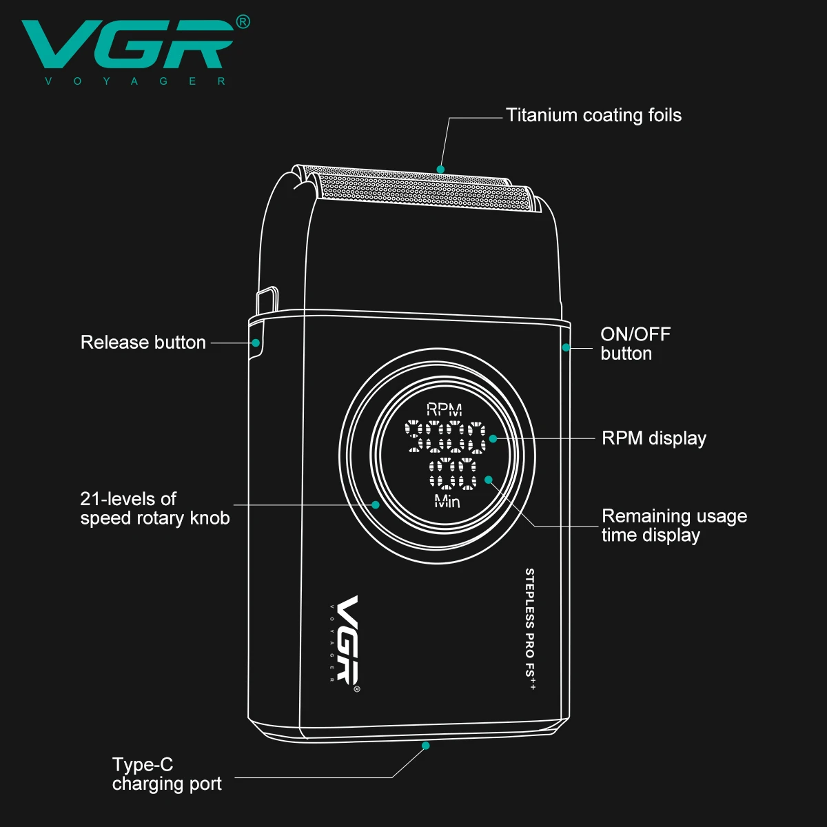 VGR Shaver Professional Beard Trimmer Portable Shaving Machine Finishing Reciprocating Razor Metal 9000 RPM Shaver for Men V-377