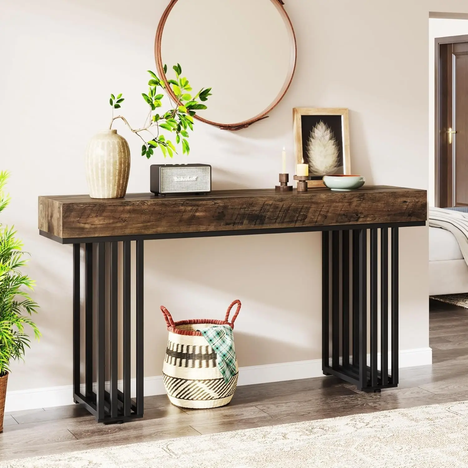 Mesa Consola de Madera Marrón con Estructura Metálica Industrial de 140 cm para Sala de Estar o Pasillo, Personalizable