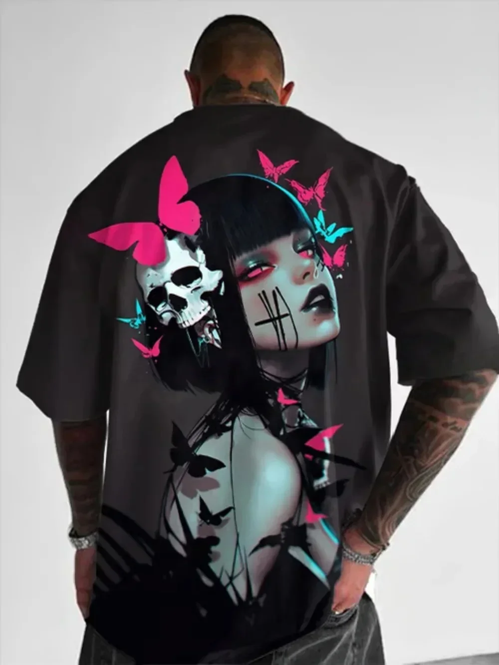 Trendy Men Anime Girl Graphic T-Shirt Japanese Streetwear Back Print Short Sleeve Crew Neck Tee Cool Urban Fashion Casual Tops