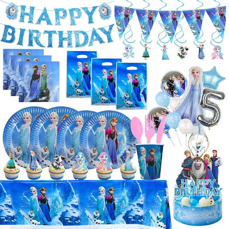 Disney Elza Frozen Birthday Party Decoration Tableware Balloons The Snow Queen Theme Party Supplies Cup Plate Banner Background