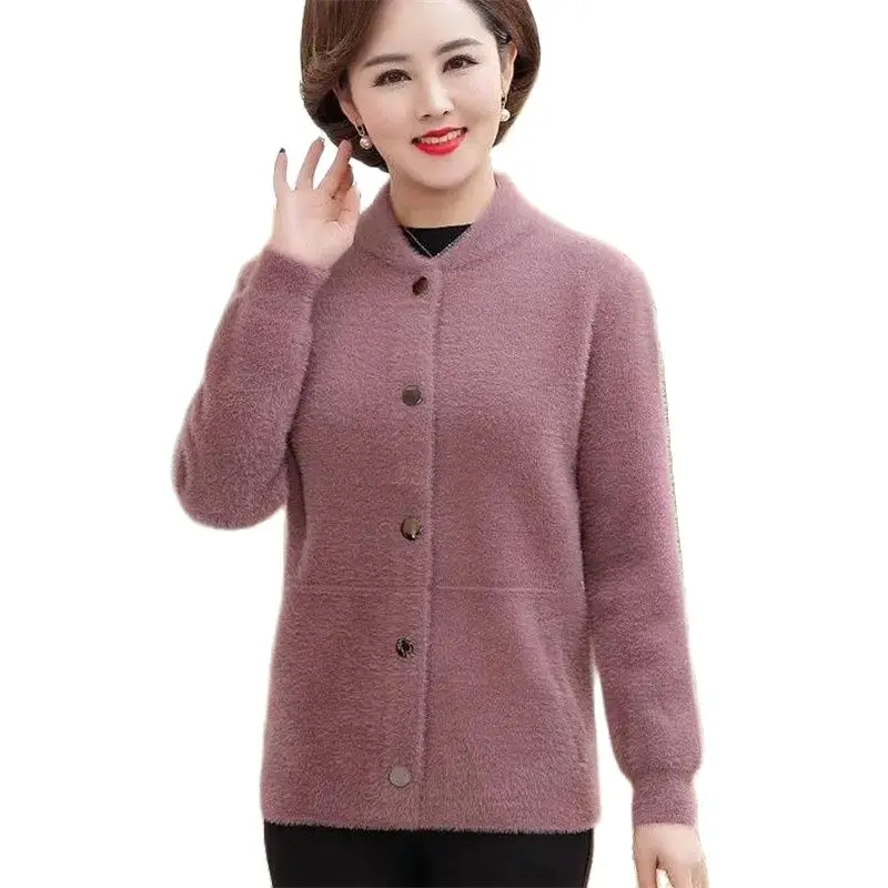 

Fashion Imitation Mink Velvet Coat Female Knitted Cardigan Sweater Middle Aged Elderly Mothers' Autumn Winter Jackets Tops 2023