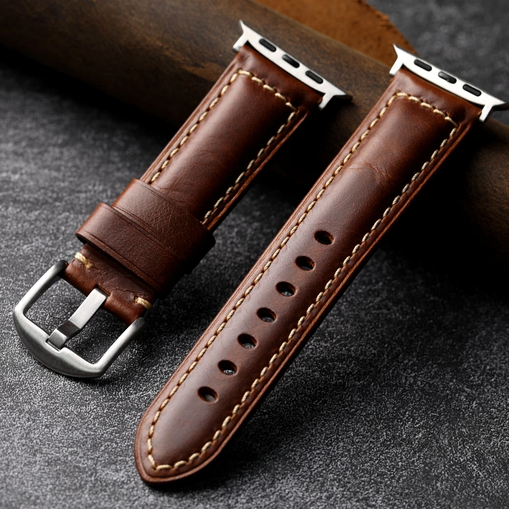 Handmade Oiled Wax Leather Strap For Iwatch9 Apple Watch Watchband S9 S8 Ultra2 Brown Soft 49MM 45 44 Men Brown Black Blue