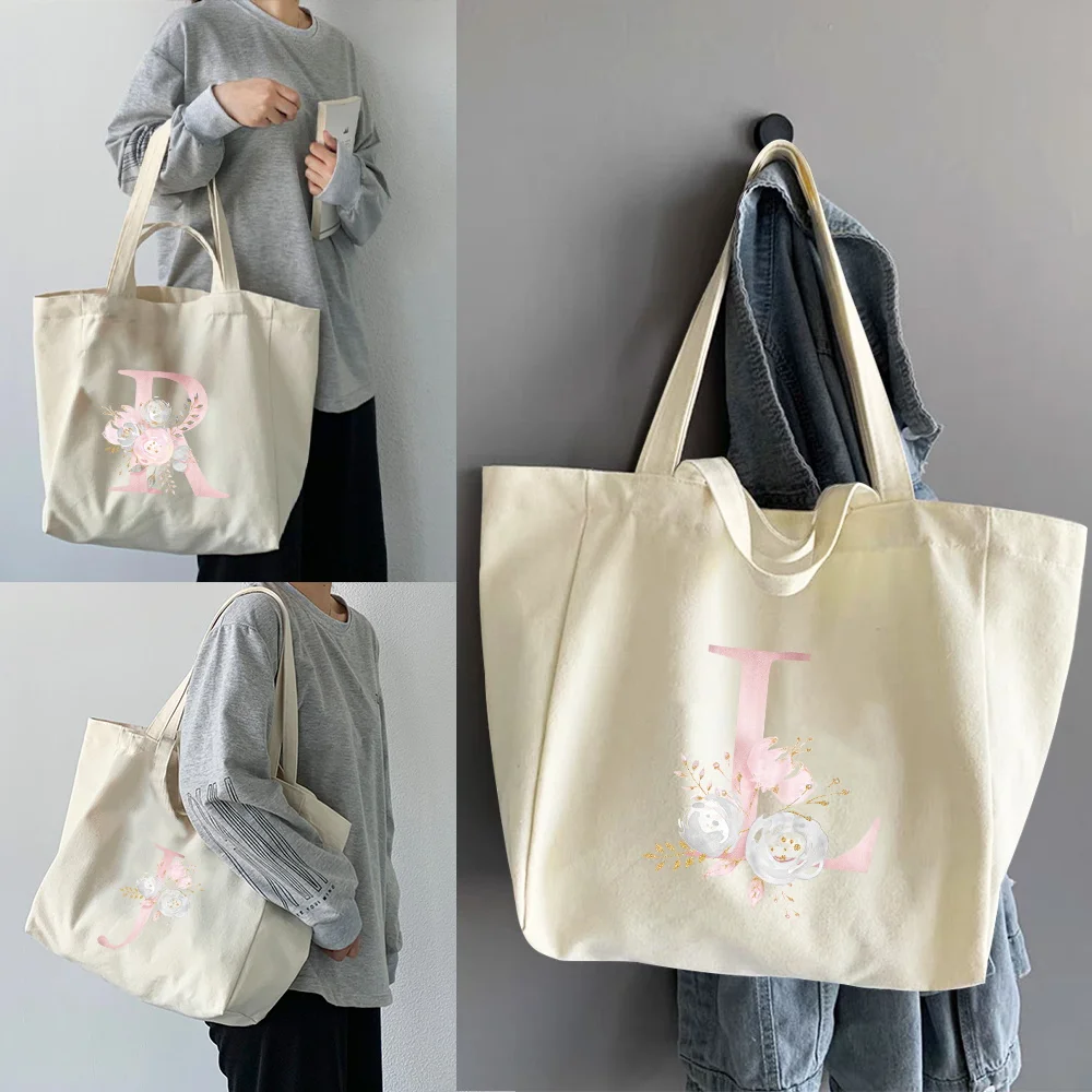 Ladies Shoppers Handbags Large Capacity School Canvas Tote Bags Shopping Bags Pink Flower Letter Series Pattern Shoulder Bags