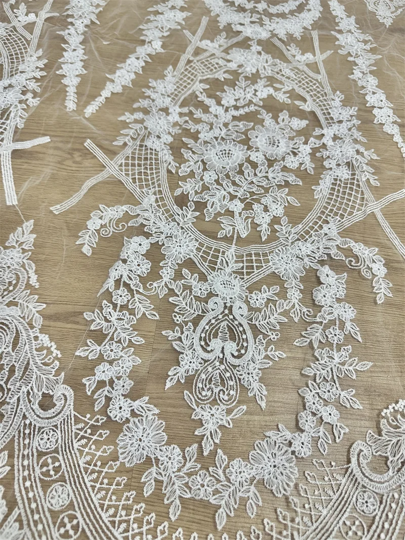 2024 Unique Off White Mesh Embroidery Floral High Quality Bridal Lace Fabric DIY Sewing Accessories Fabric Clothes