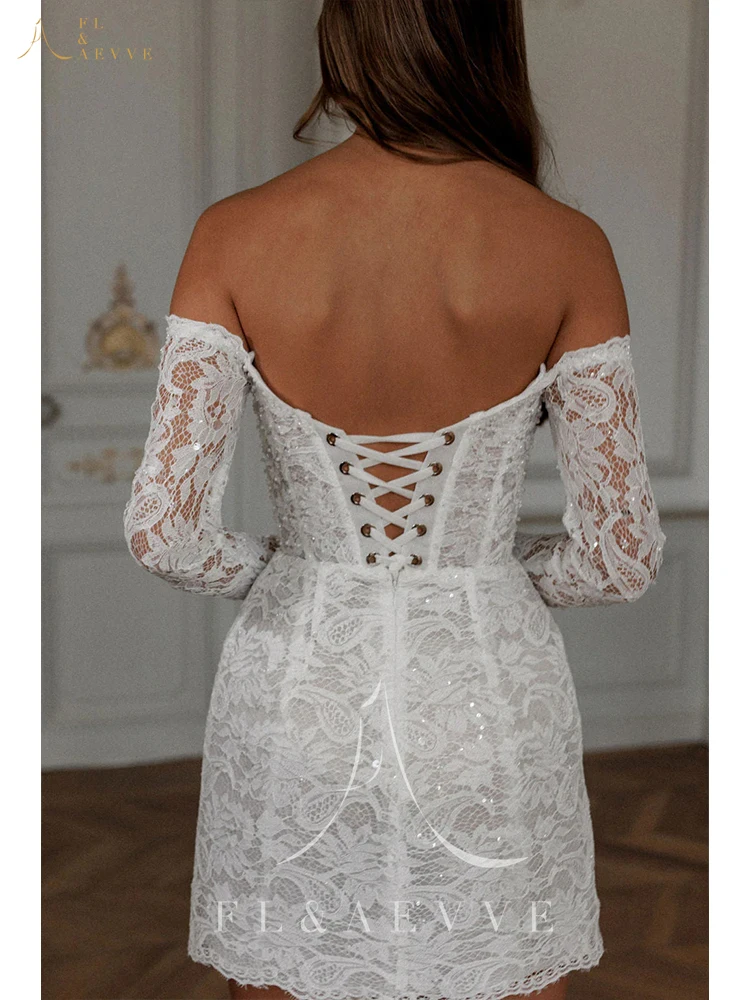 Short Off Shoulder Wedding Dress Mermaid Lace Bridal Gown Long Sleeves Women Lace Up Bride Dresses Prom Party Dress Customized