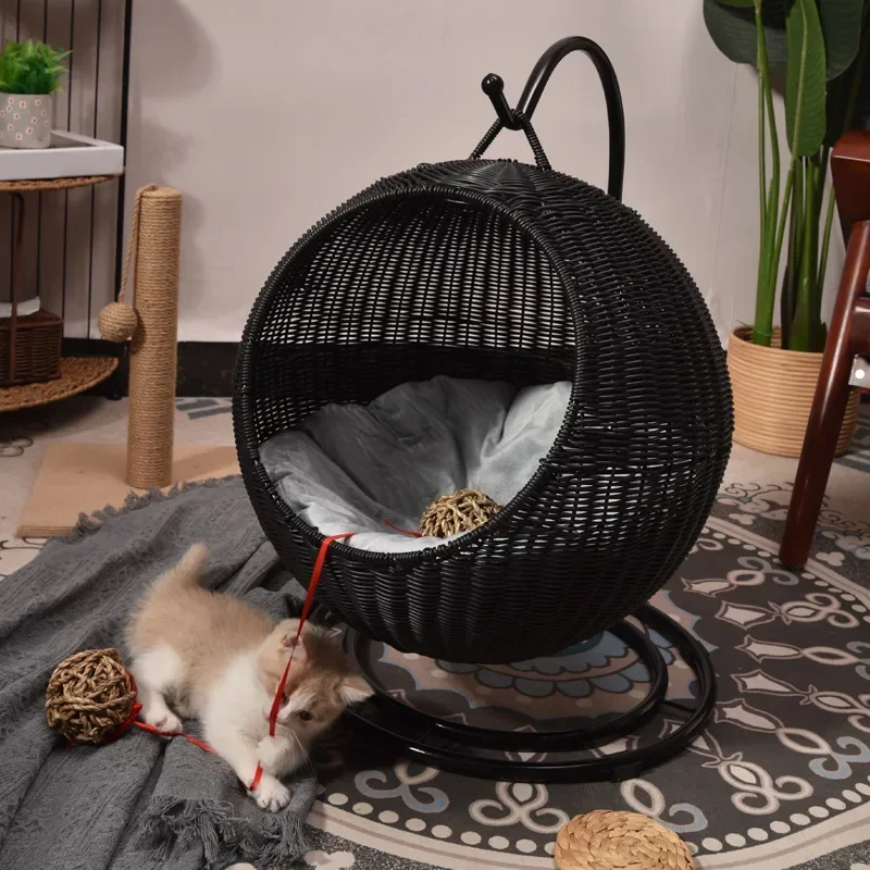 Hand-Woven Imitation Rattan Cat Bed, Comfy Cat Nest Basket, Hanging Basket Swinging Pet House, Cat Sleep Hammock with Plush Mat