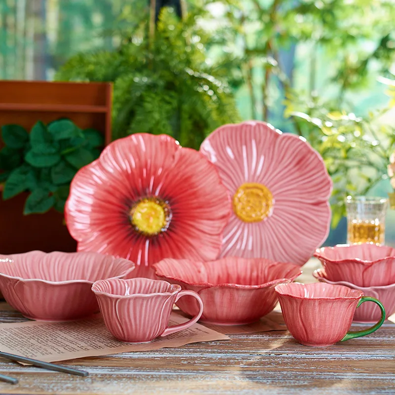 Hochwertiges Keramik-Geschirrset mit Blumenprägung, Sonnenblumen-Schüssel, Teller, Tasse & Untertasse, Kuchen- und Dessertschale, Tischgeschirr als Geschenk