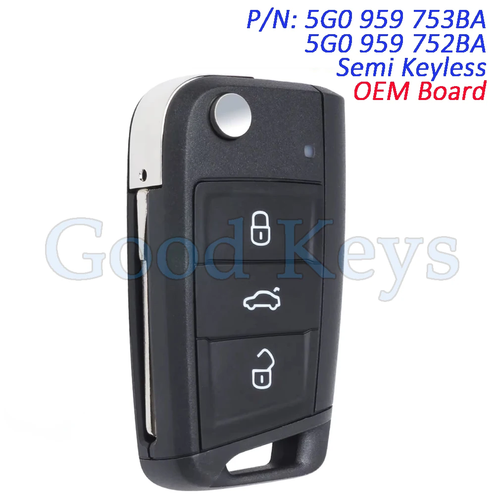 KEYECU 5G0959753BA 5G0959752BA OEM Semi-Keyless Remote Key Fob for Volkswagen MQB Golf for Skoda Octavia A7 434MHz ID48 HU66