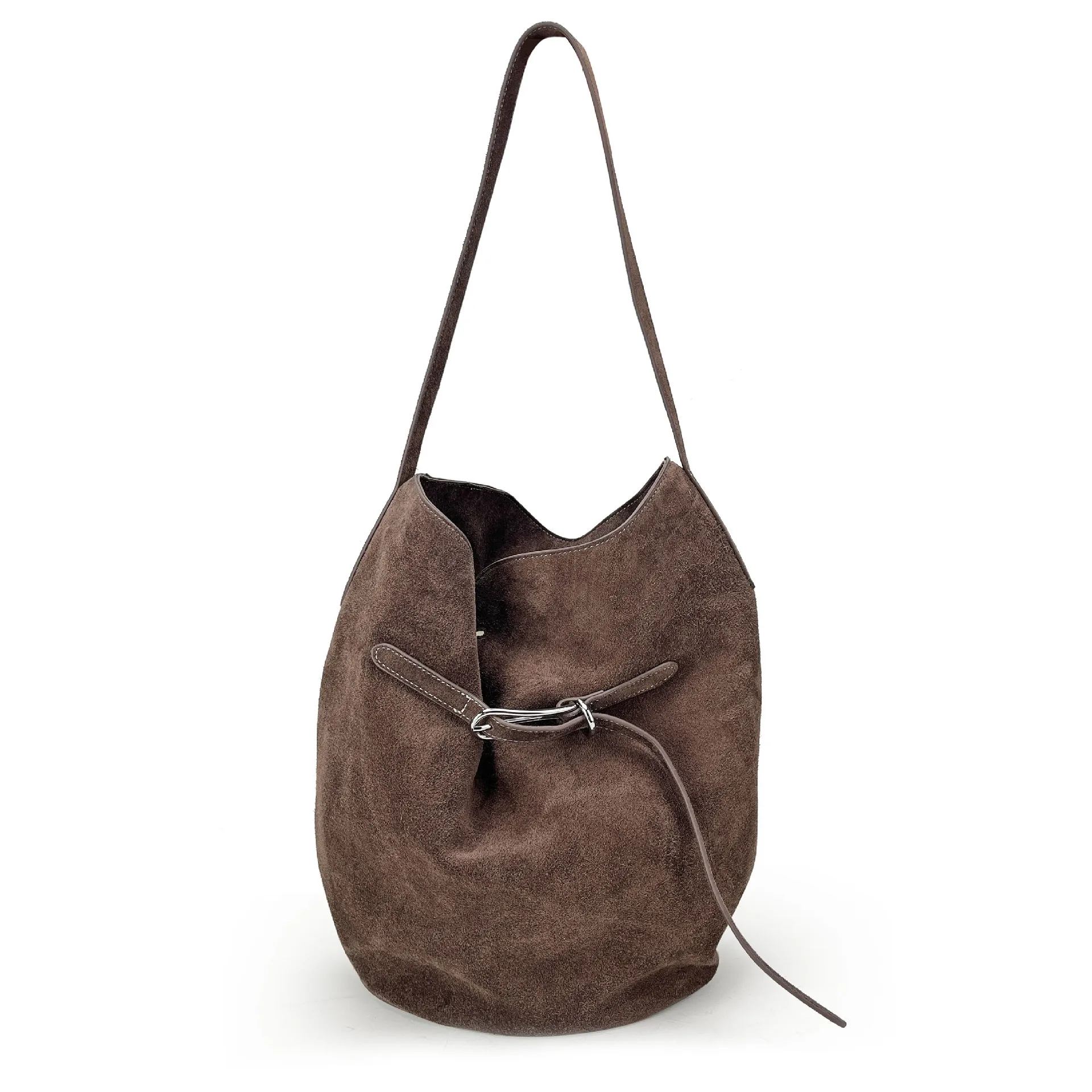 

High Quality Coffee Faux Suede Bucket Bag Women Large Capacity Casual Luxury Crossbody Real Leather Shoulder Bag with Cord Strap
