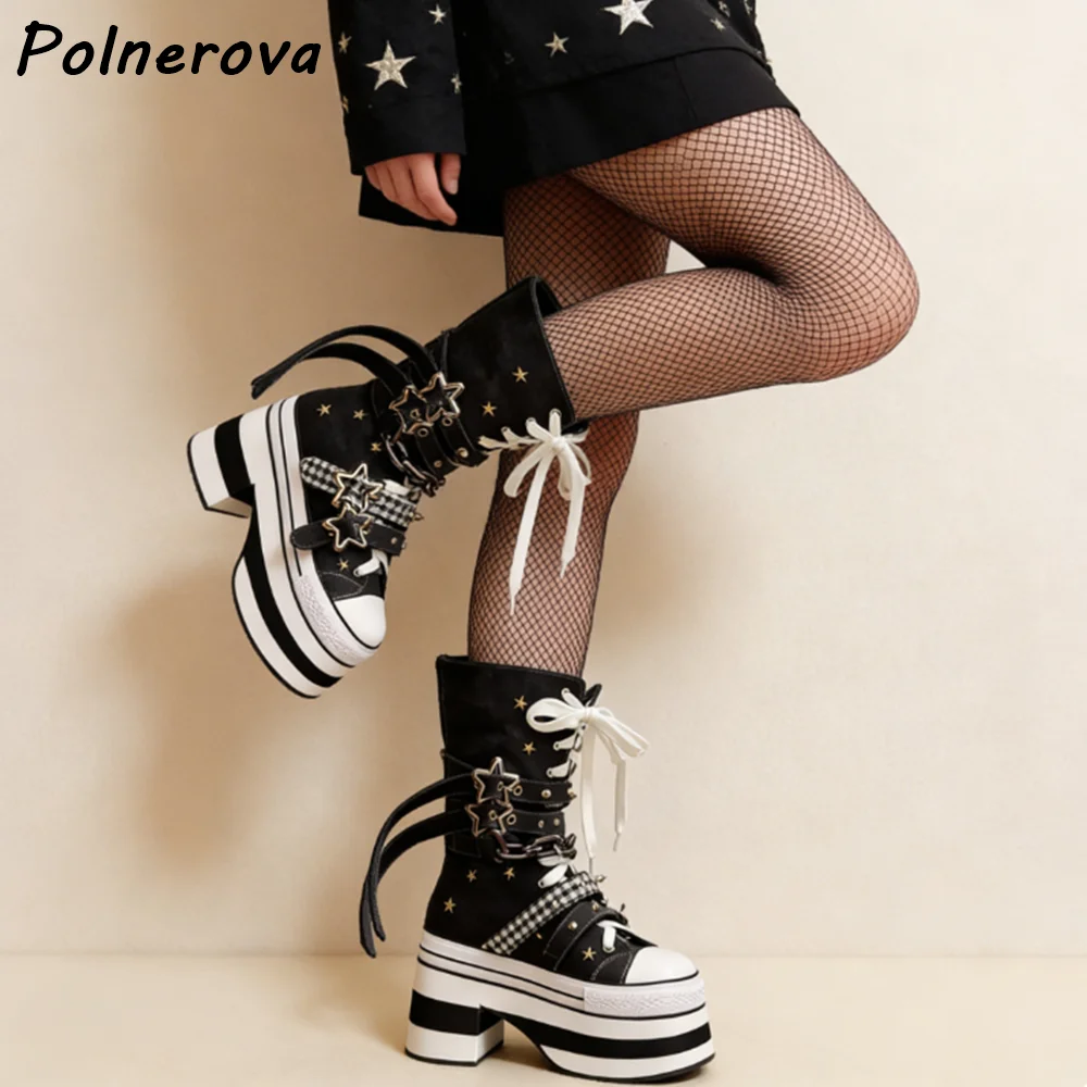 

Женские модные ботинки на платформе с толстой подошвой, в клетку, из канваса, с металлическими ремешками и пятиконечной звездой, черно-белые, с круглым носком