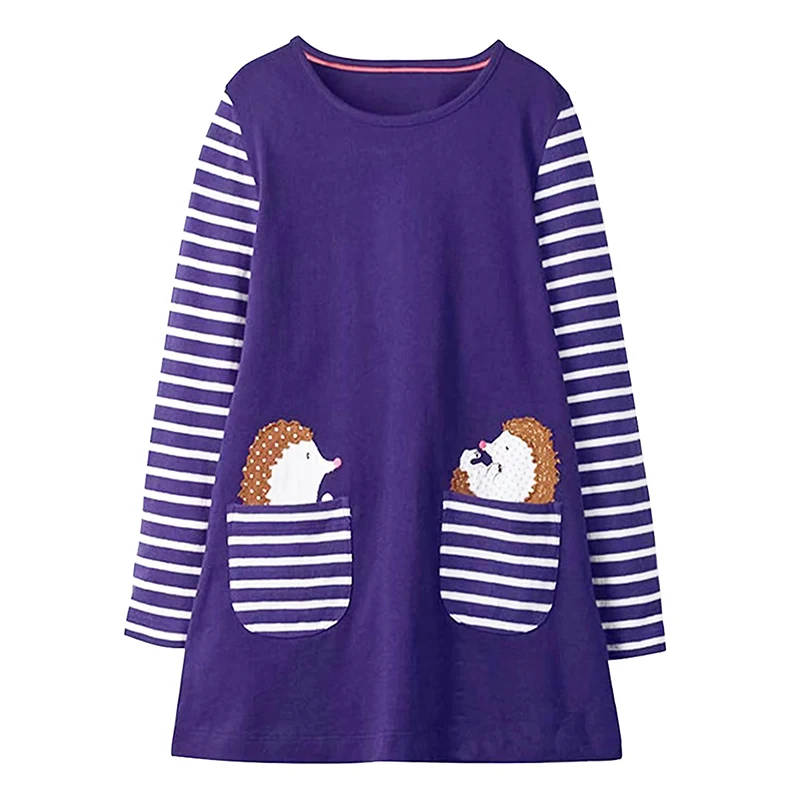 Jumping Meters 4-8T Children\'s School Dresses With Pockets Animals Embroidery Long Sleeve Autumn Kids Preppy Style Dress