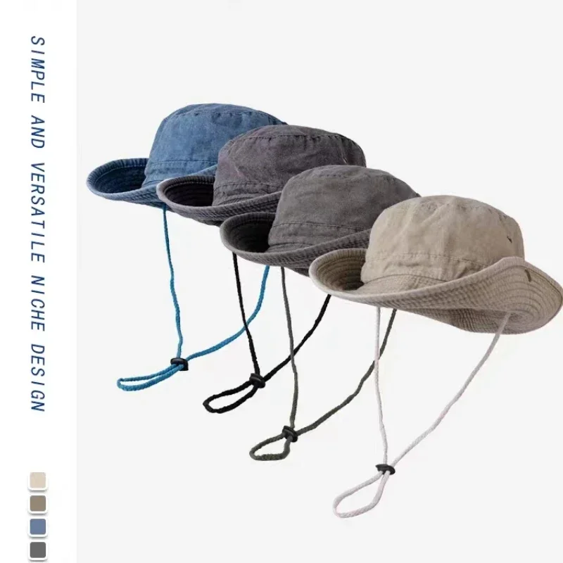 2024 Blue Cowboy Bucket Hat with String  Men Denim Beach Sun Hat for Women Outdoor Hiking Couple Bob Panama Summer Fisherman Hat