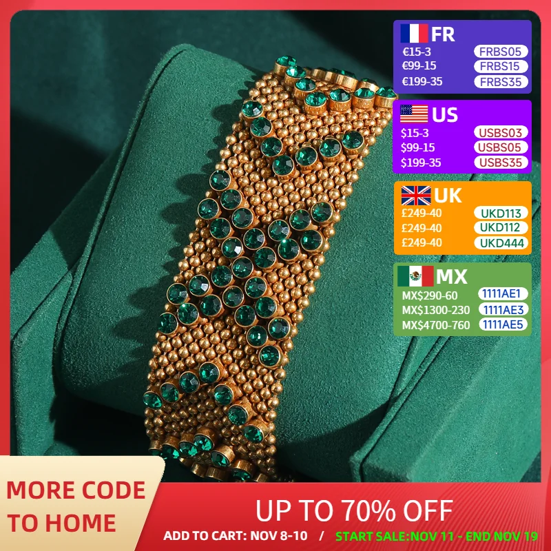 

Vintage Green Rhinestone Bracelet 18k Gold Plated Beads Wide Watches Luxury Dubai Jewelry Designers Christmas Accessories 2025
