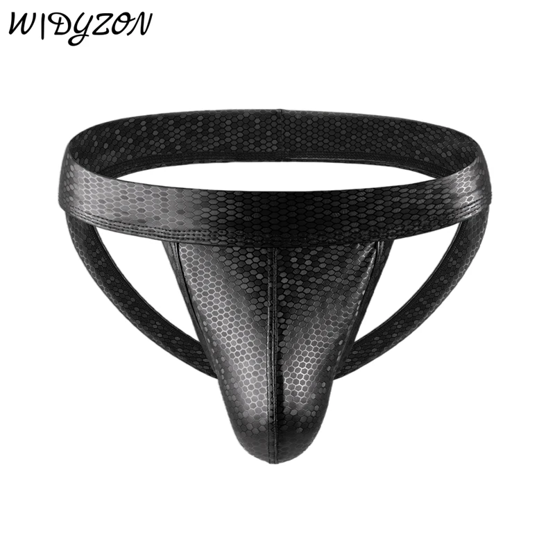

Sexy Gay Men Faux Leather Jockstraps Thong Underwear Double-Layer Pouch Bikini Slip Tanga Hombre Male G String Panties Cueca