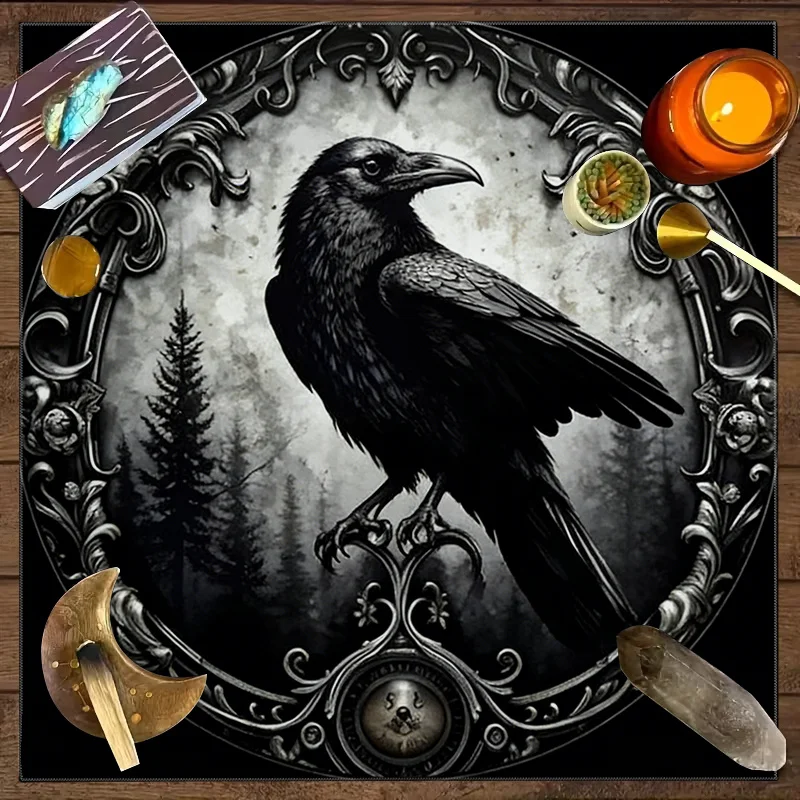Mystic Forest Raven Emblem Altar Cloth, Astrology Table Mat, 2D Flat Design, for Board Game, Bedroom & Party Decor