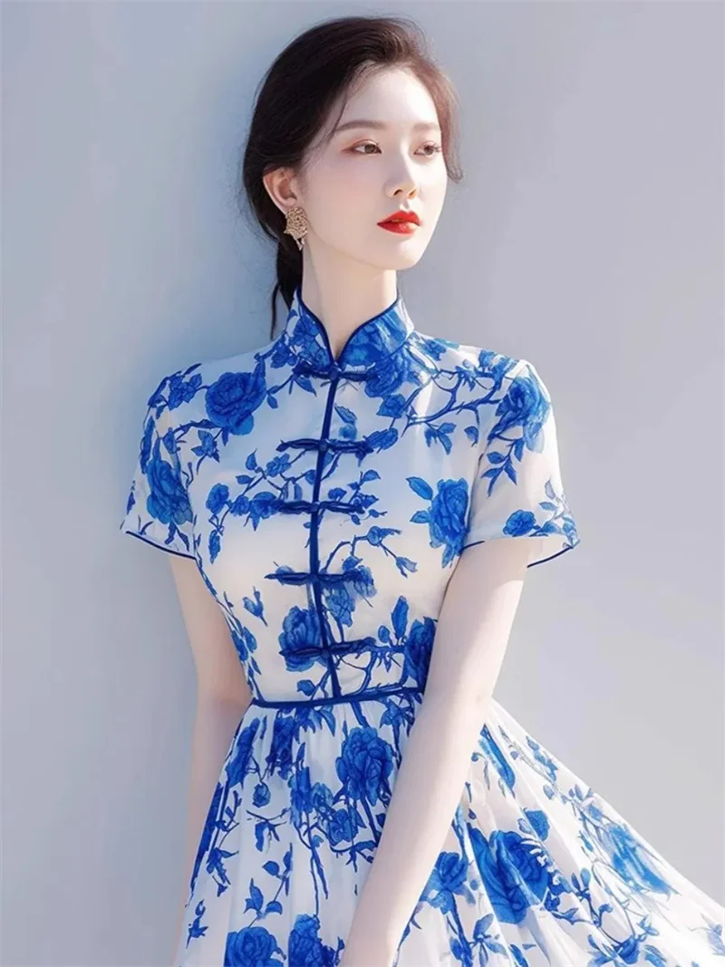 

New Chinese Style High-end Summer New Blue Printed Chiffon Dress Women's Niche Design Long Skirt Temperament High-end Feeling