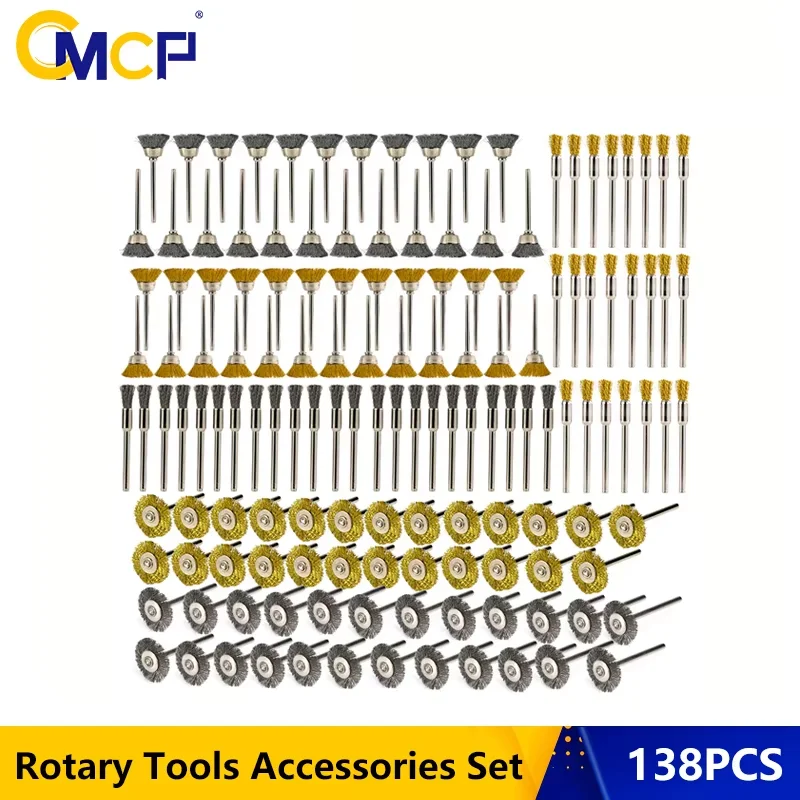 CMCP 138pcs Wire Wheel Cup Pen Brush Set 3mm Shank Brass Brush for Dremel Rotary Tool Metal Rust Removal Brush Set