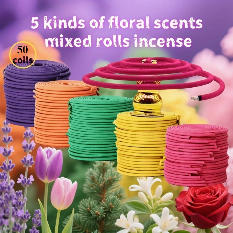Mixed Fragrance Incense Sticks Spiral Shape Coil Incense Lemon Rose Jasmine Lavender Orange, 3-4 Hours Burn Time, Mild Fragrance