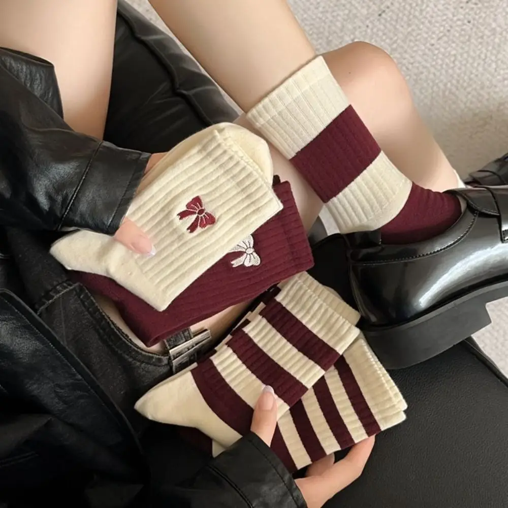 

10Pairs Ins Patchwork Embroidery Bow Socks Non-slip Sweet Preppy Style Socks Cotton Breathable Stripe Tube Socks Party