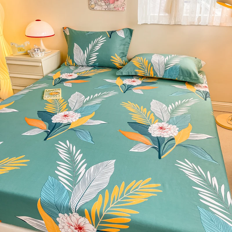 Tropical Leaves Flowers Fitted Sheet Twin Size Hawaiian Theme Palm Leaf  Print Bed Sheet Set Cotton Bed Cover with 2 Pillowcases