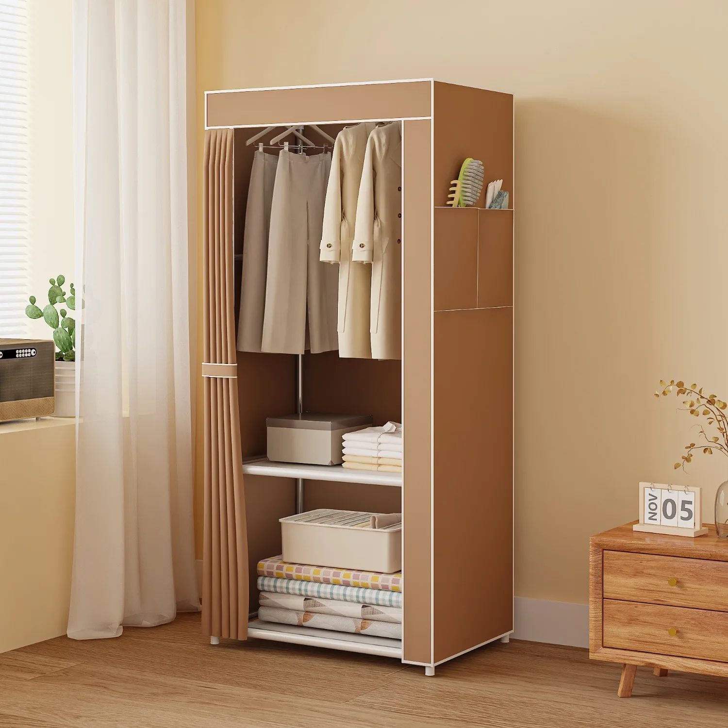 Portable Wardrobe Clothing Storage Cabinet with Non-Woven Fabric Cover Design, Dust-Proof Storage for Bedroom Wardrobe, Detachable and Assembleable Wardrobe, Living Room Wardrobe, Sturdy and Durable Wardrobe view 5