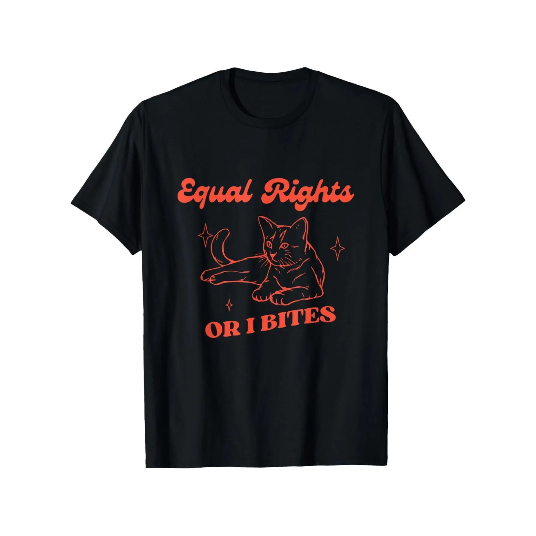 

Funny Feminist Cat "Equal Rights Or I Bite" Graphic T-Shirt - 100% CottonSoft Breathable Unisex Tee, Black With Orange Print
