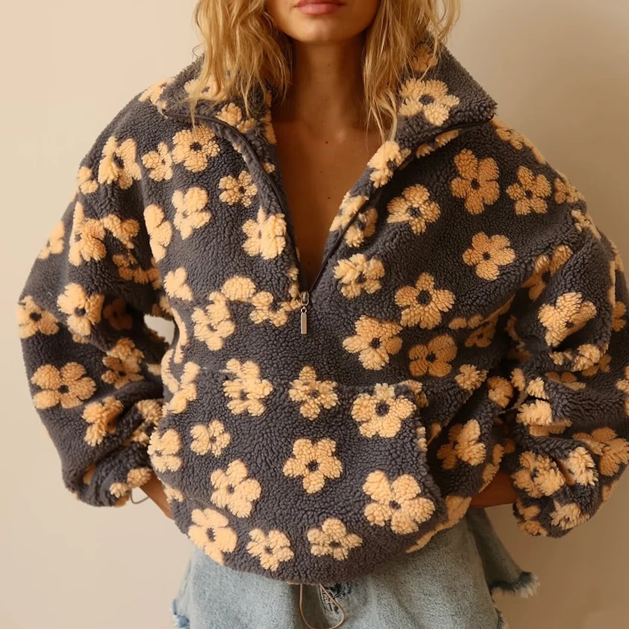 

Винтажные шикарные толстовки из флисовой ткани с цветочным принтом, толстовки с розовыми цветочными карманами, женская осенне-зимняя верхняя одежда для отдыха, куртки