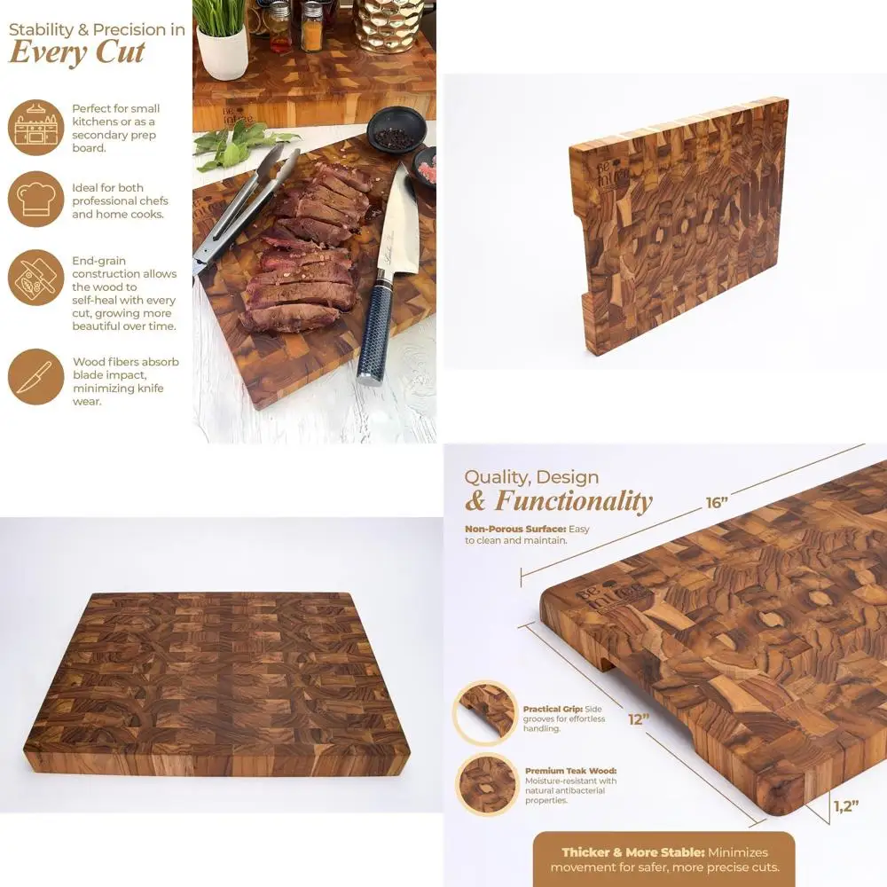 

16x12 Inch Teak Wood End Grain Cutting Board - Premium Self-Healing Butcher Block for Chopping, Slicing, and Serving