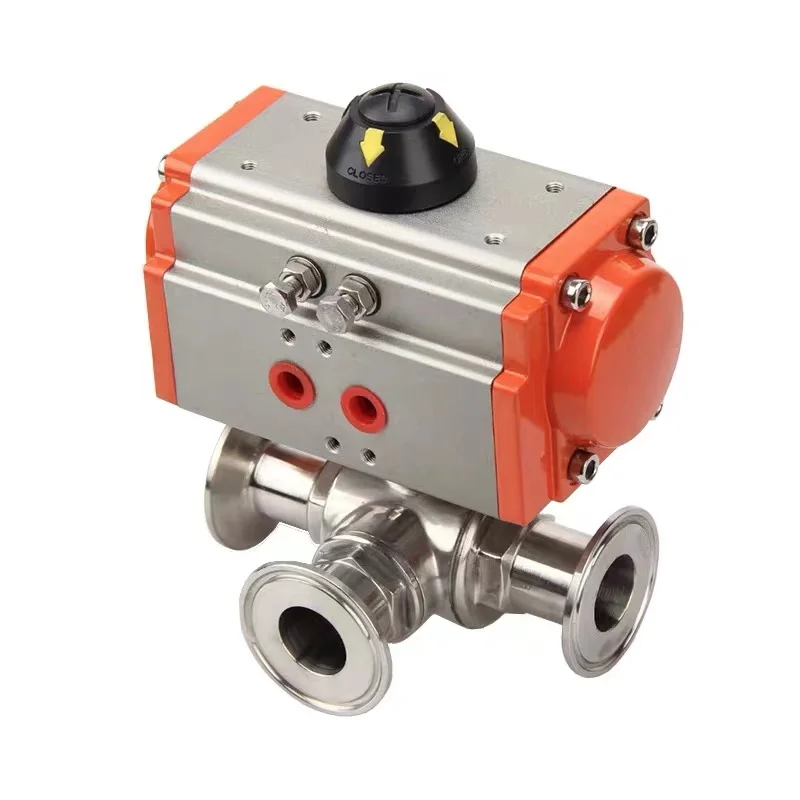 

51mm 3 Way Sanitary Pneumatic Ball Valve Tri Clamp Ferrule Type Double Acting Cylinder